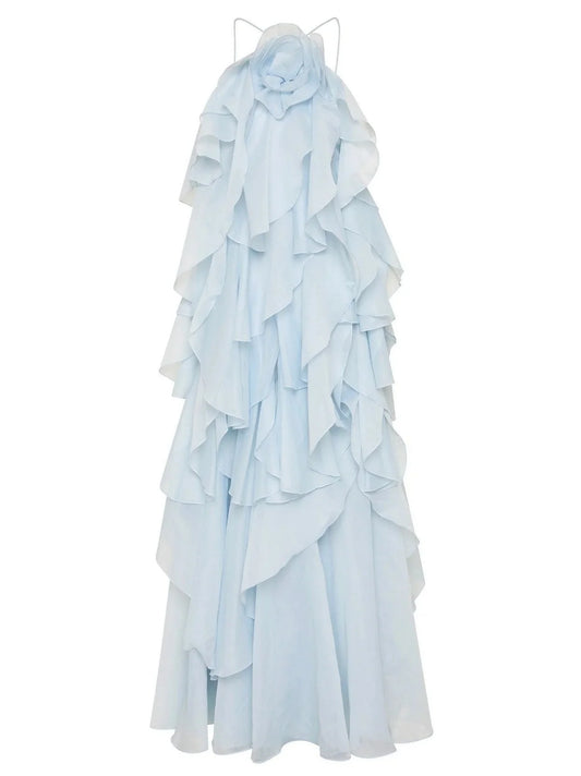 Layered Floral Applique Long Halter Dress - Dresses