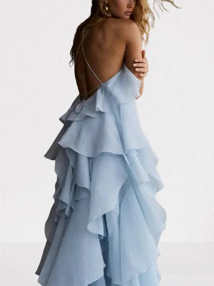 Layered Floral Applique Long Halter Dress - Dresses