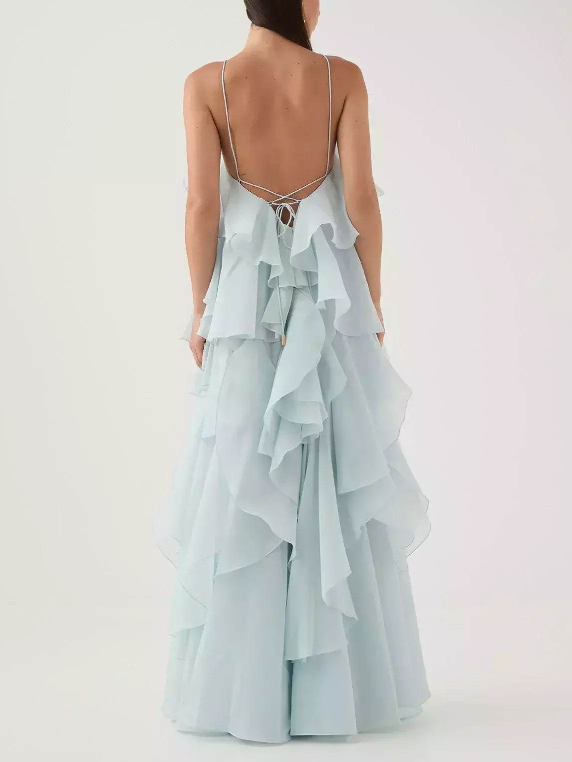 Layered Floral Applique Long Halter Dress - Dresses