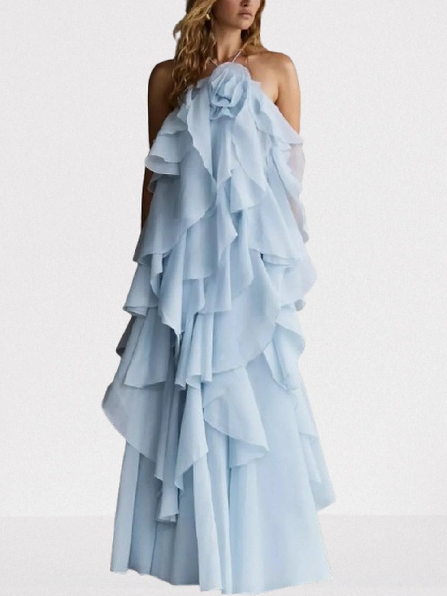 Layered Floral Applique Long Halter Dress - Dresses