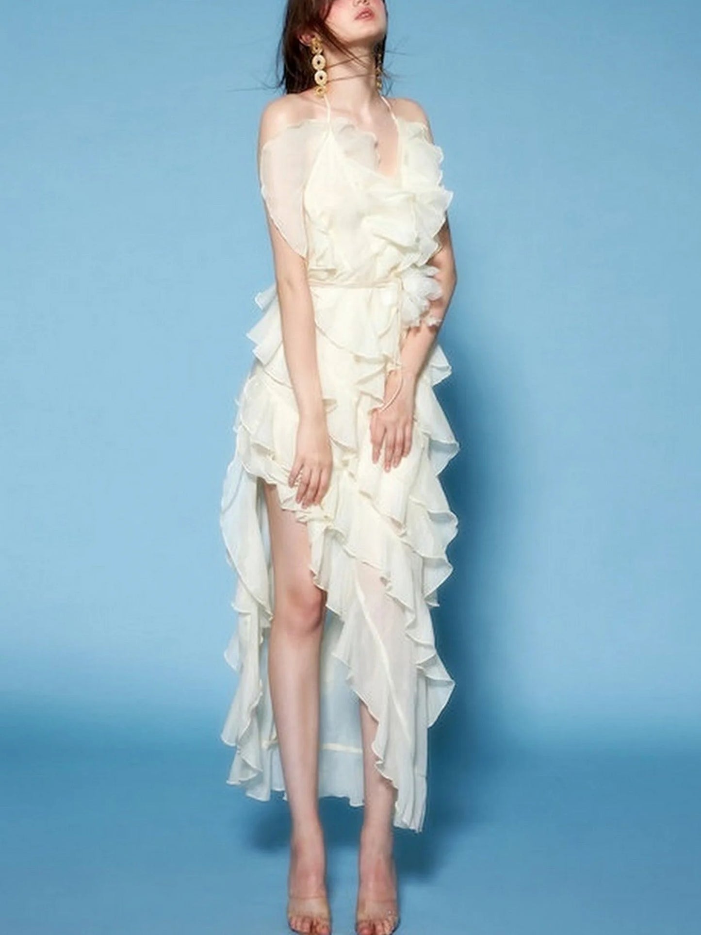 Layered Ruffled Maxi Dress with Floral Applique - Dresses