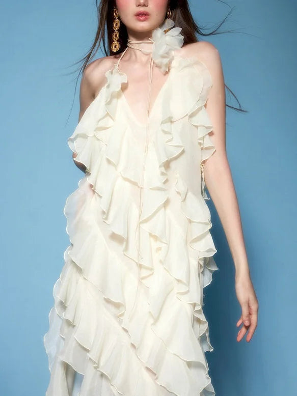 Layered Ruffled Maxi Dress with Floral Applique - Dresses