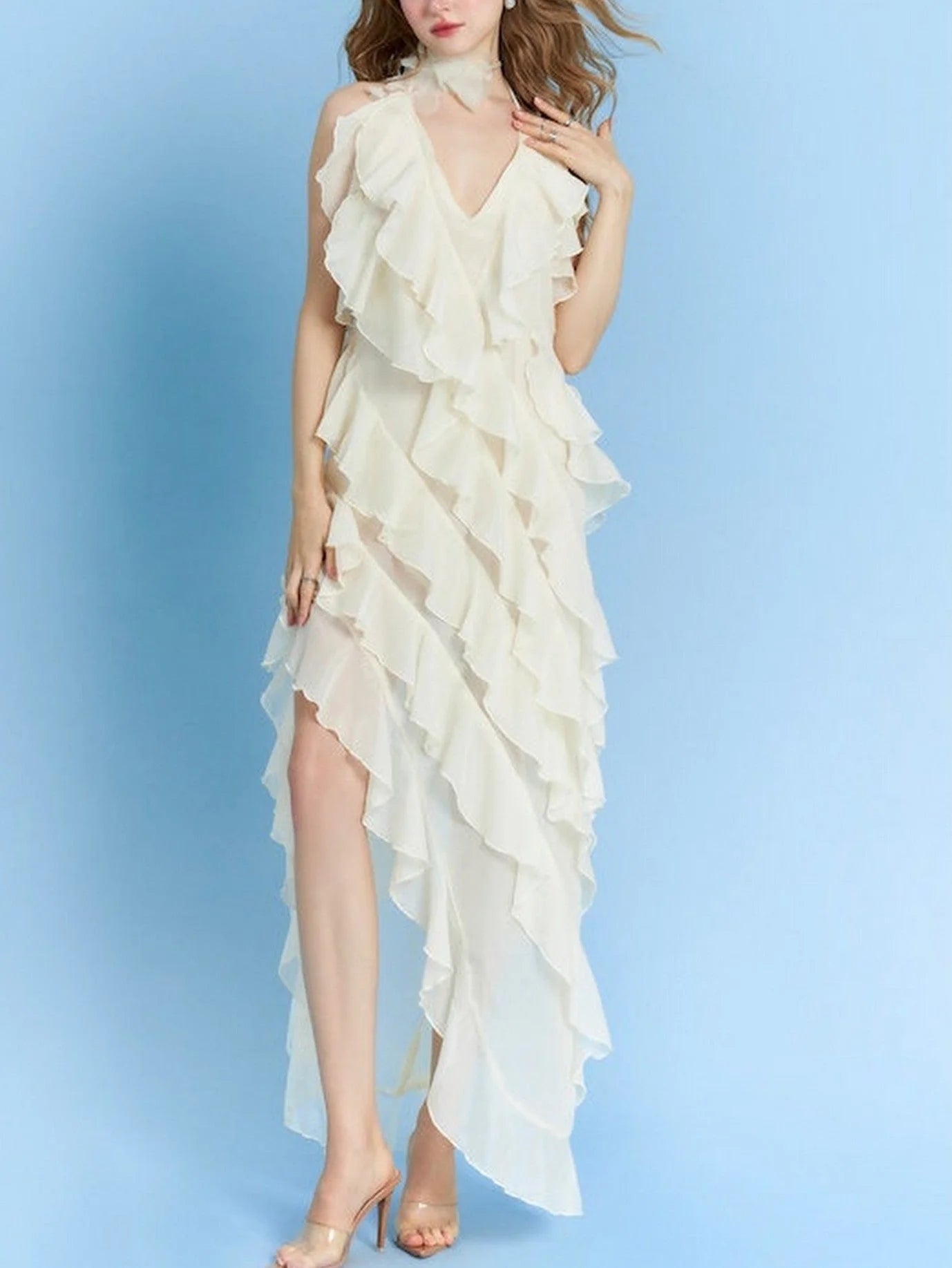 Layered Ruffled Maxi Dress with Floral Applique - Dresses