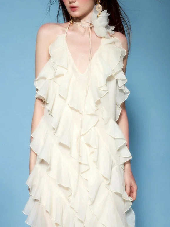 Layered Ruffled Maxi Dress with Floral Applique - Dresses