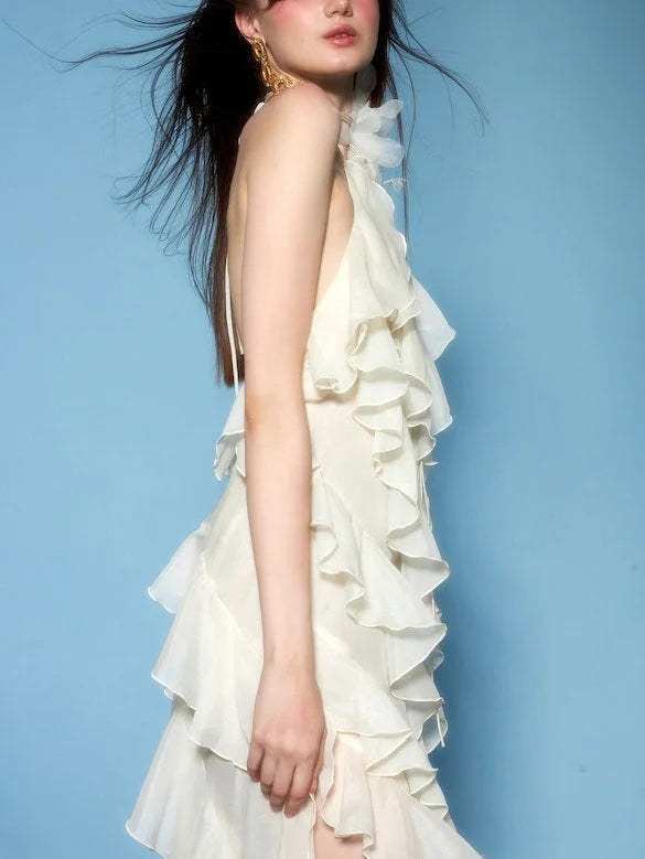 Layered Ruffled Maxi Dress with Floral Applique - Dresses