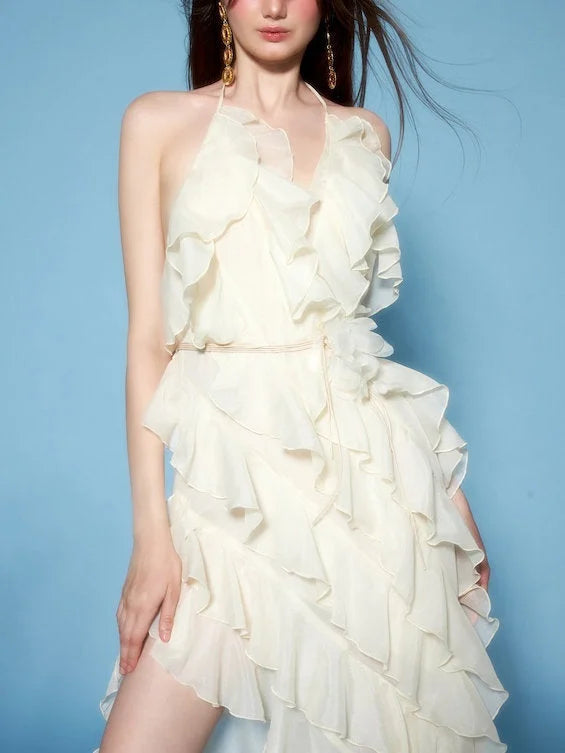 Layered Ruffled Maxi Dress with Floral Applique - Dresses