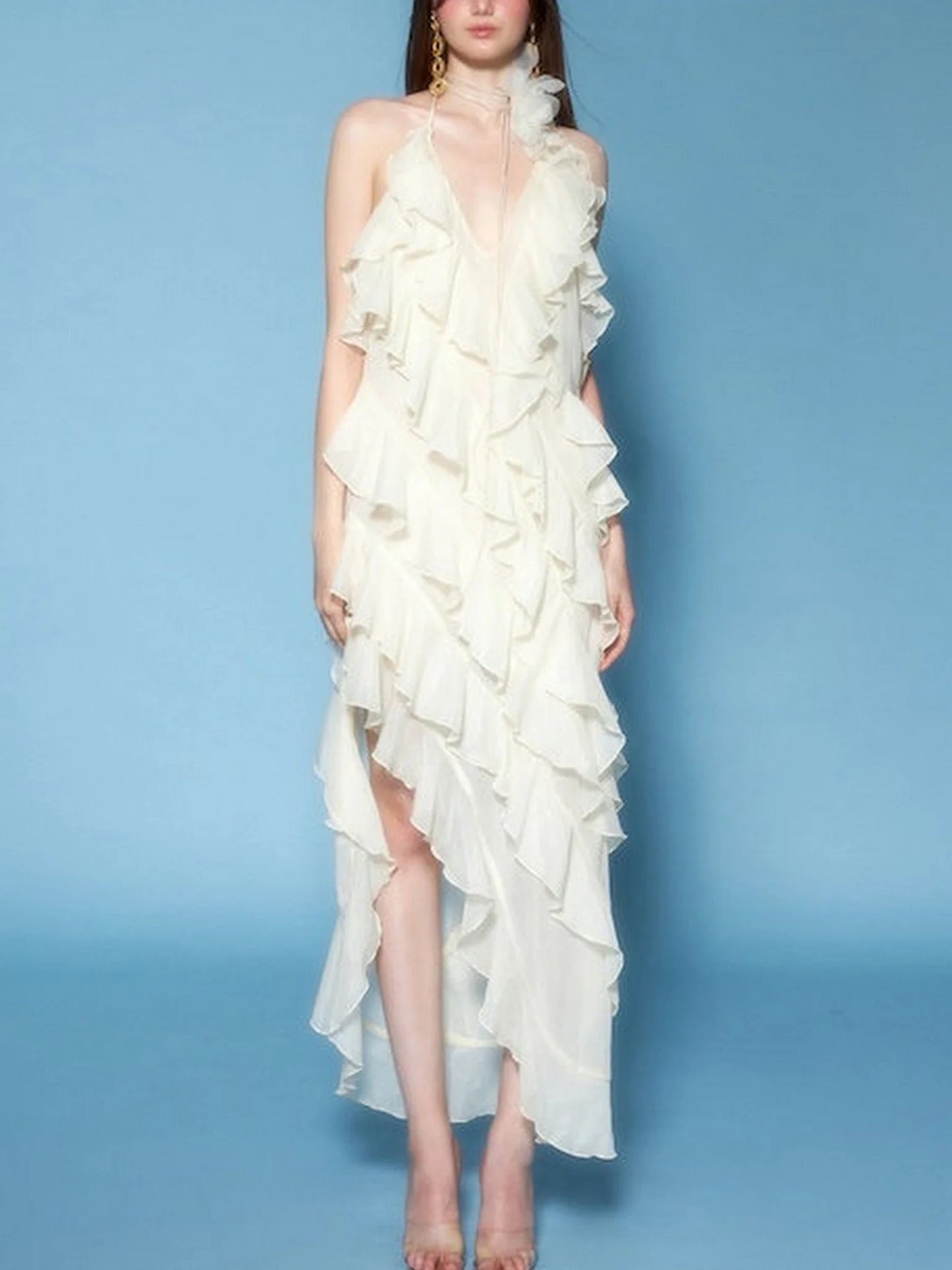 Layered Ruffled Maxi Dress with Floral Applique - Dresses