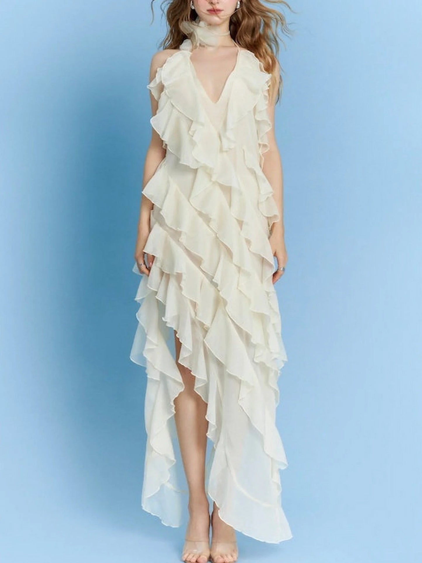 Layered Ruffled Maxi Dress with Floral Applique - Small - Dresses