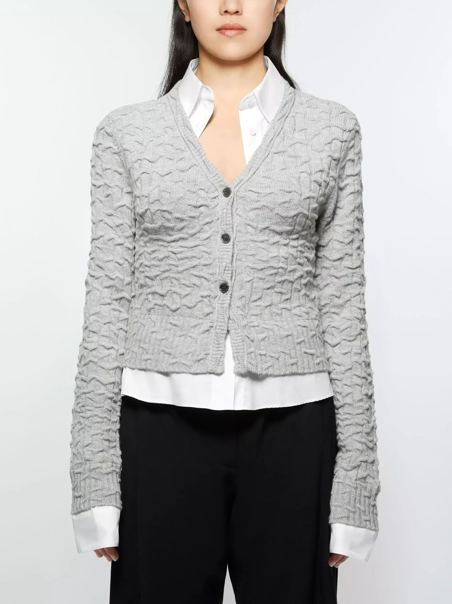 Layered Shirt Cardigan Sweater in Grey and White - Sweaters & Knitwear