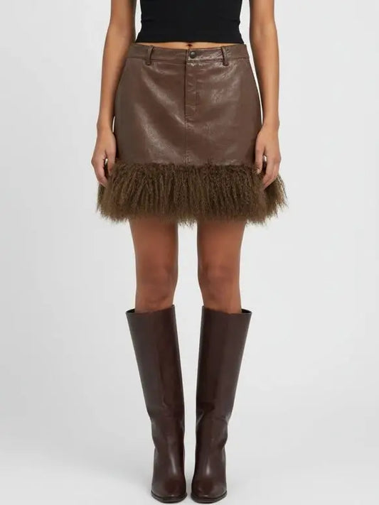 Leather Mini Skirt with Mongolian Fur Trim - Skirts