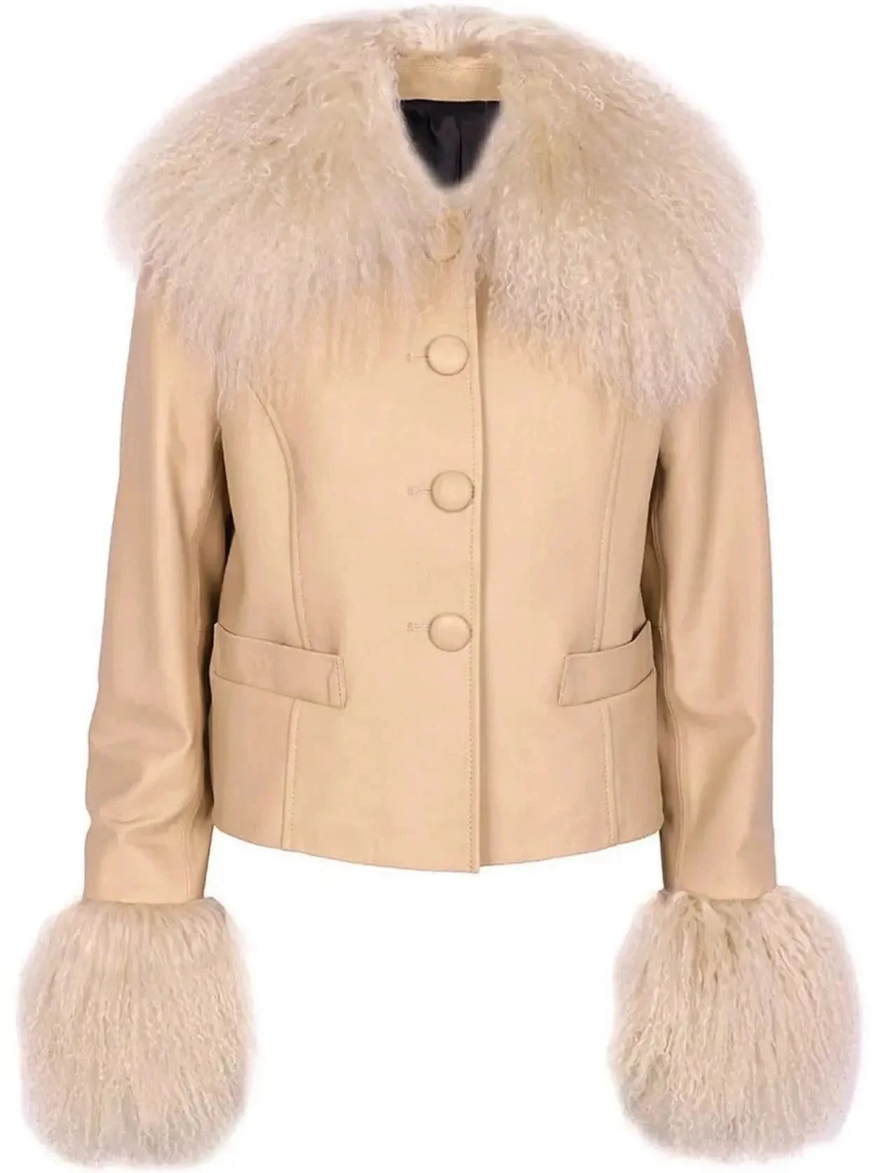 Leather Shearling-Collar & Cuff Jacket - Jackets