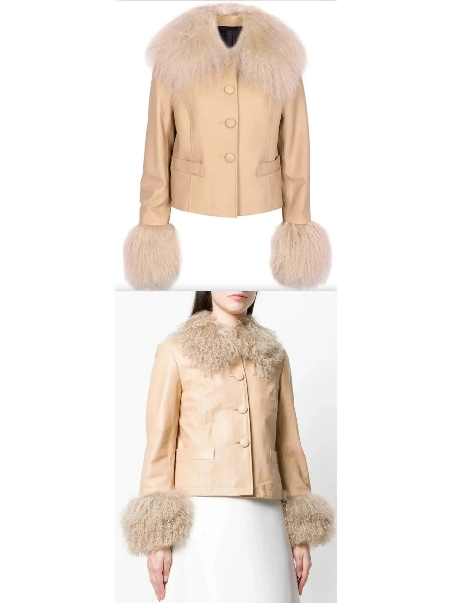 Leather Shearling-Collar & Cuff Jacket - Beige - Jackets