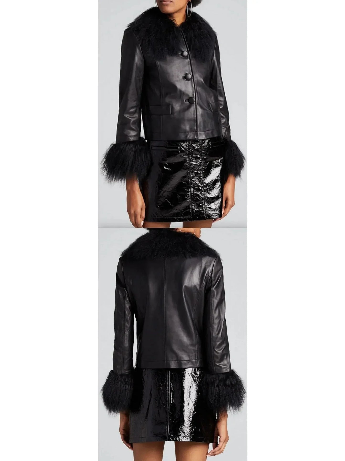 Leather Shearling-Collar & Cuff Jacket - s / Black - Jackets