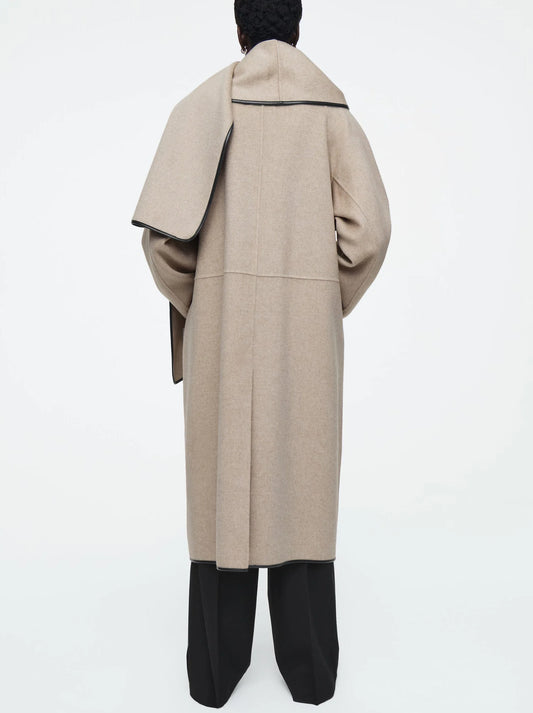 Leather-Trim Wool Scarf Coat in Beige - Coats