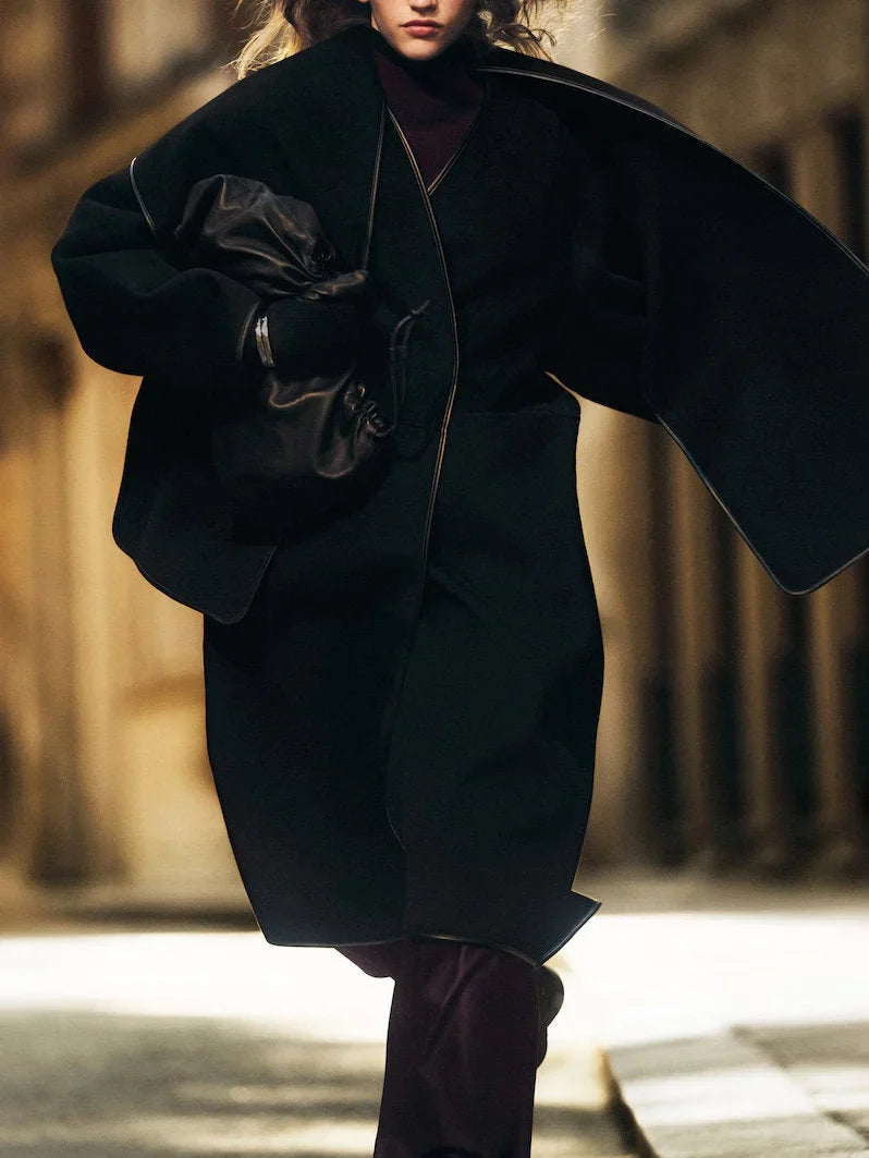 Leather-Trim Wool Scarf Coat in Black - Coats