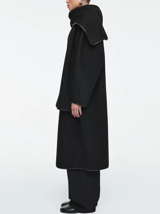 Leather-Trim Wool Scarf Coat in Black - Coats