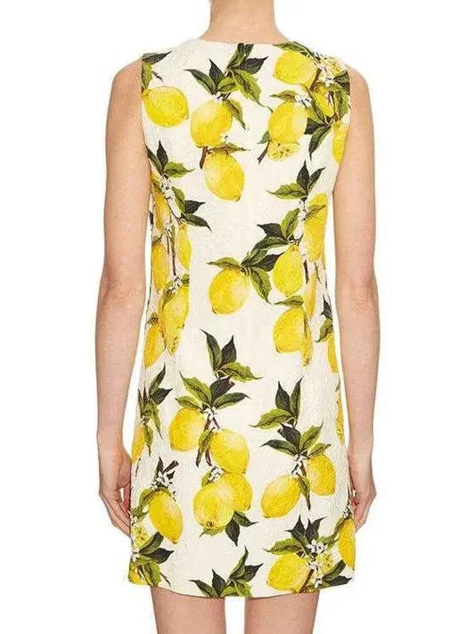Lemon Print Floral-Brocade Embellished Dress - Dresses