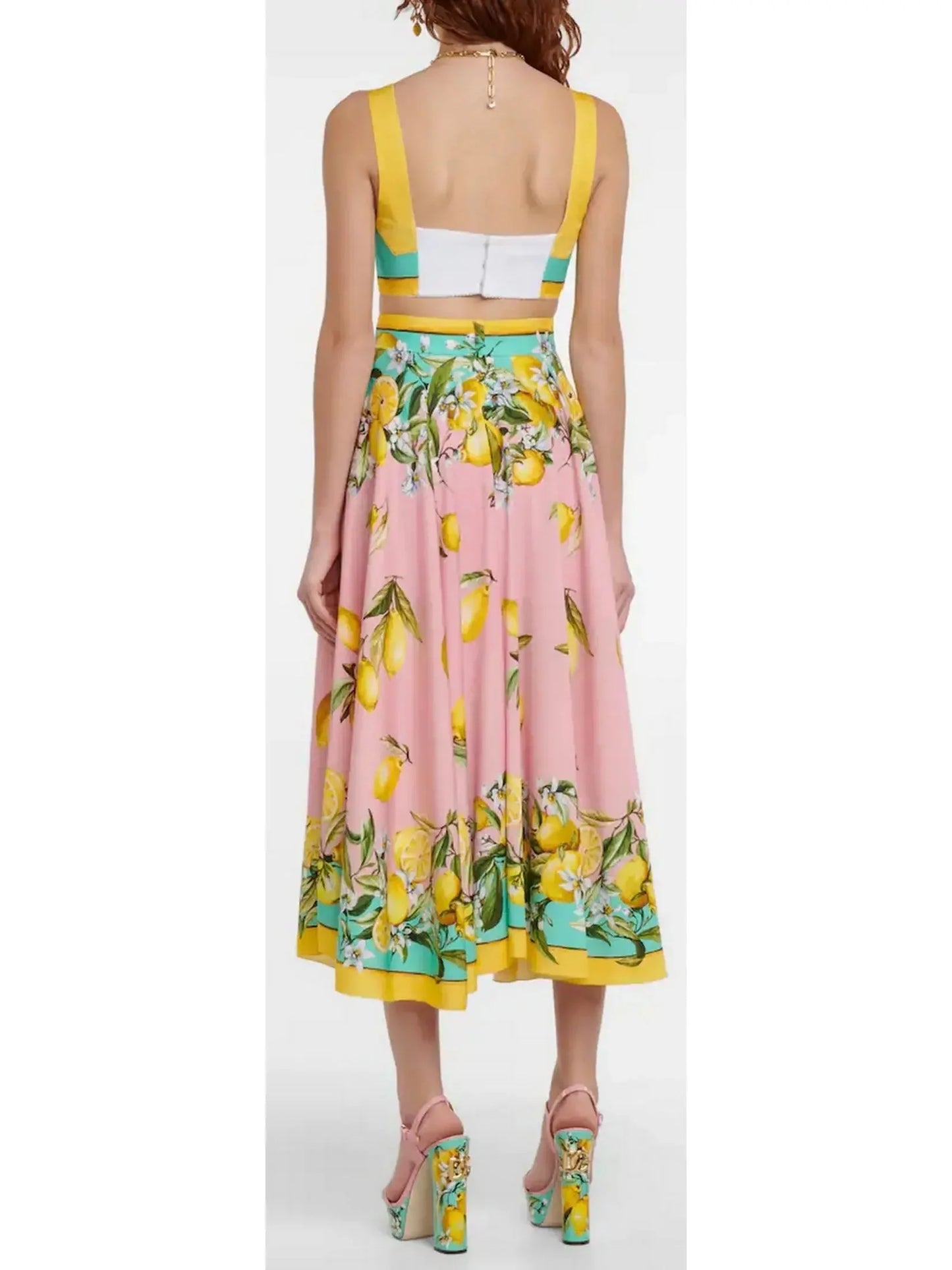 Lemon Printed Bralette Top and Skirt Set - Suits & Sets