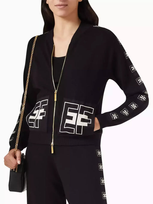 Letter Knit Print Zip Cardigan in Black - Sweaters & Knitwear