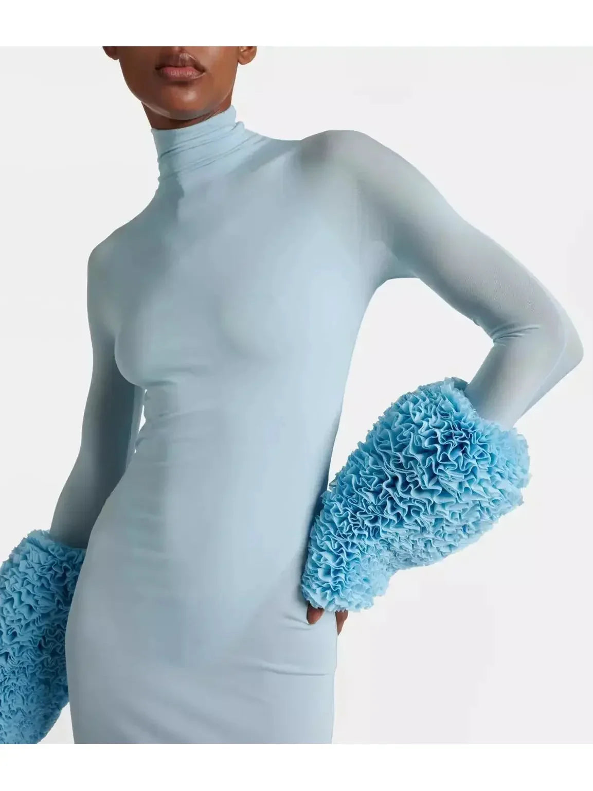 Light Blue High-Neck Sheer Gown with Puffed Ruffle Cuffs - Dresses
