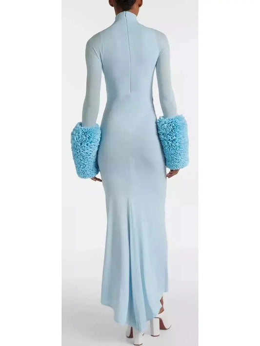Light Blue High-Neck Sheer Gown with Puffed Ruffle Cuffs - Dresses