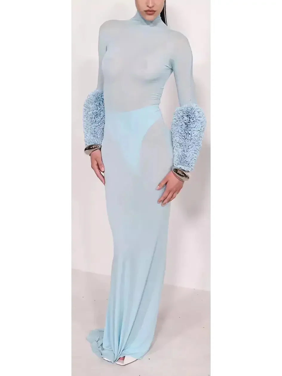 Light Blue High-Neck Sheer Gown with Puffed Ruffle Cuffs - Dresses