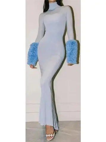 Light Blue High-Neck Sheer Gown with Puffed Ruffle Cuffs - Dresses