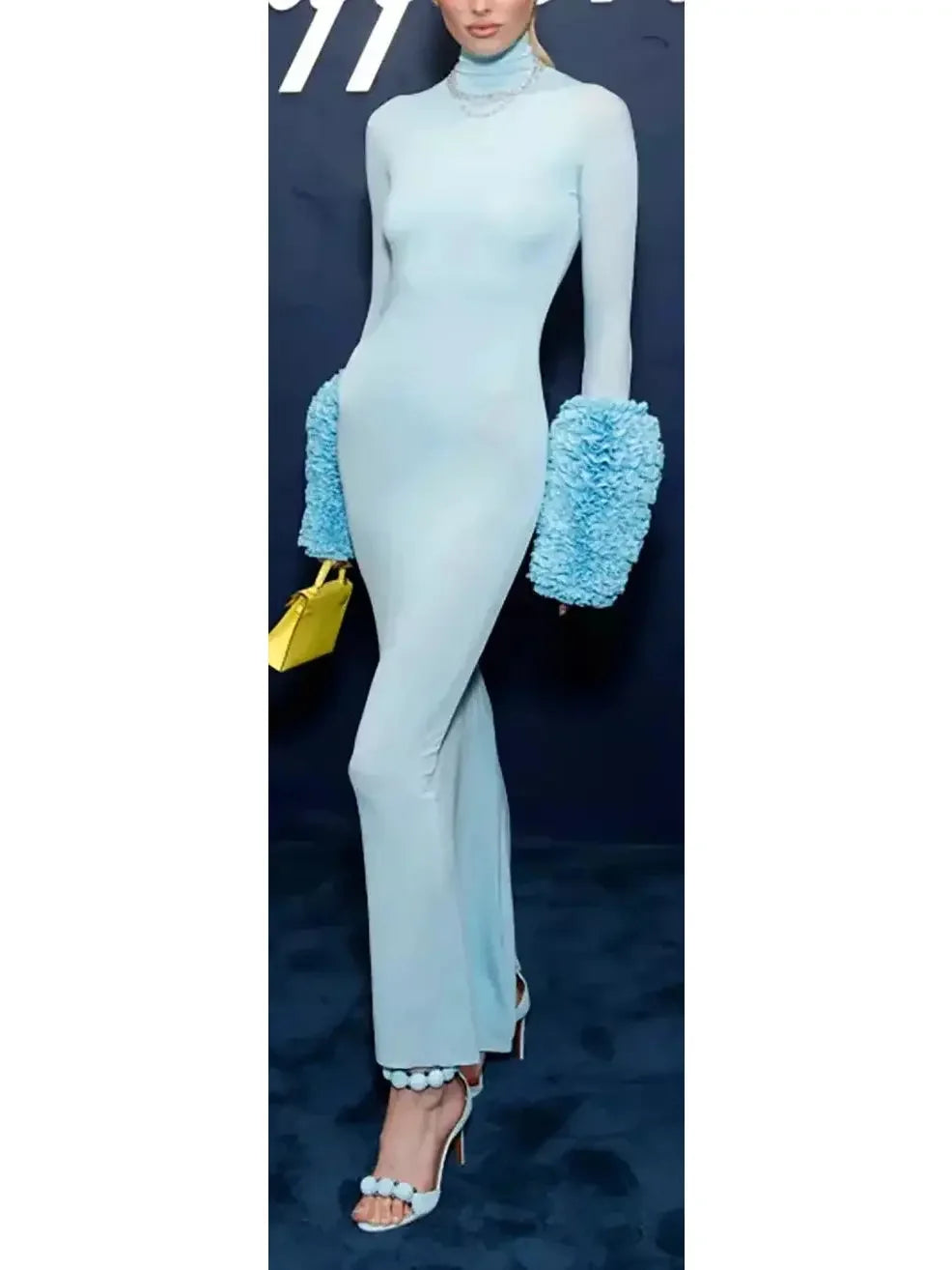 Light Blue High-Neck Sheer Gown with Puffed Ruffle Cuffs - Dresses