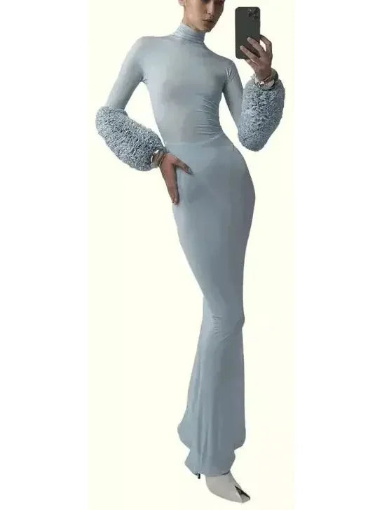 Light Blue High-Neck Sheer Gown with Puffed Ruffle Cuffs - Dresses