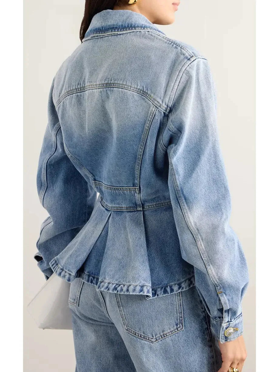 Light Blue Washed Denim Ruffle Peplum Jacket - Jackets