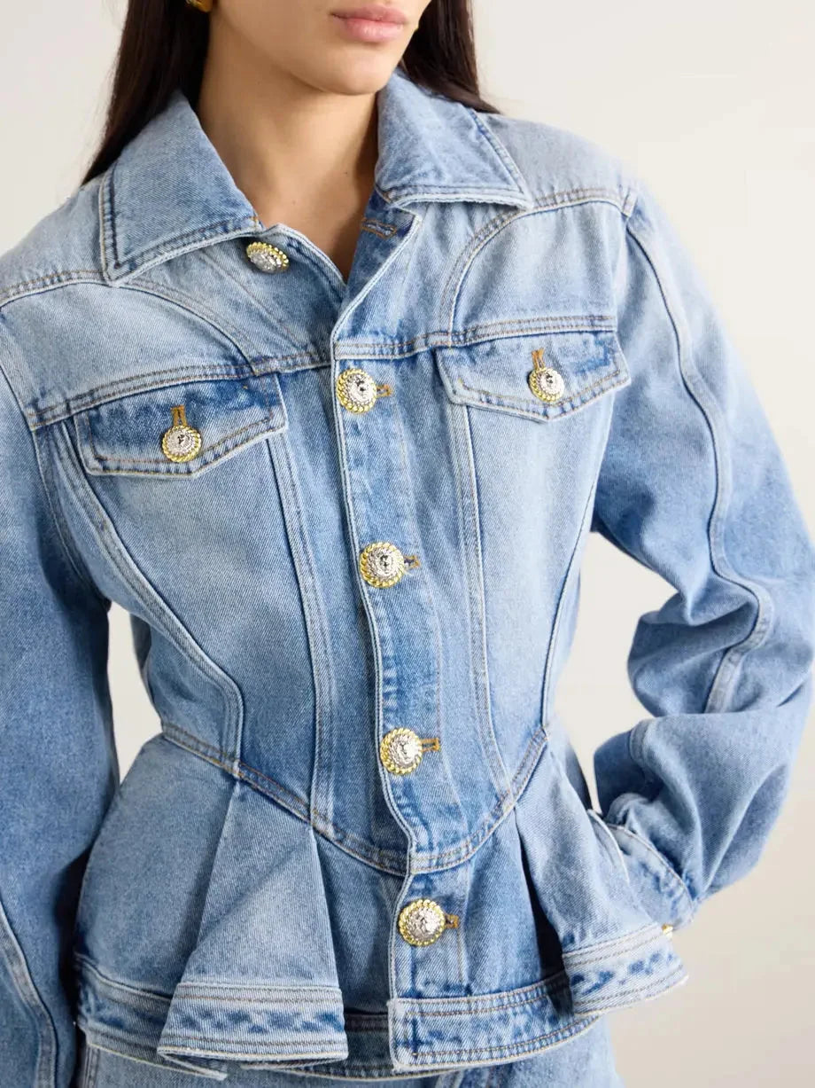 Light Blue Washed Denim Ruffle Peplum Jacket - Jackets