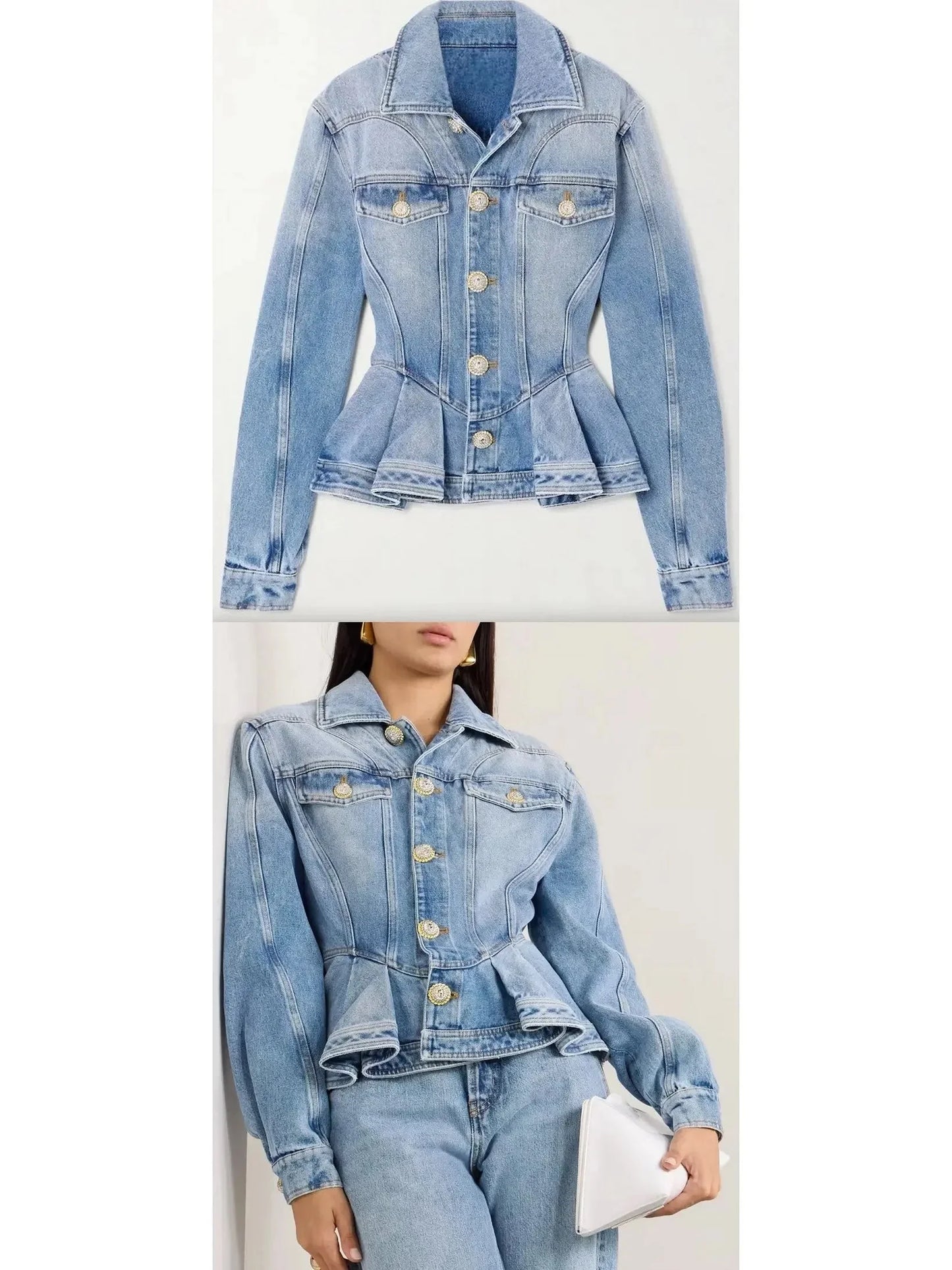 Light Blue Washed Denim Ruffle Peplum Jacket - Jackets