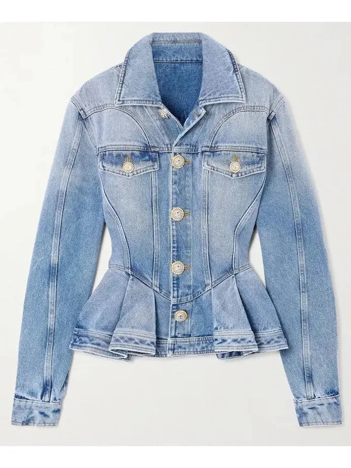 Light Blue Washed Denim Ruffle Peplum Jacket - Jackets