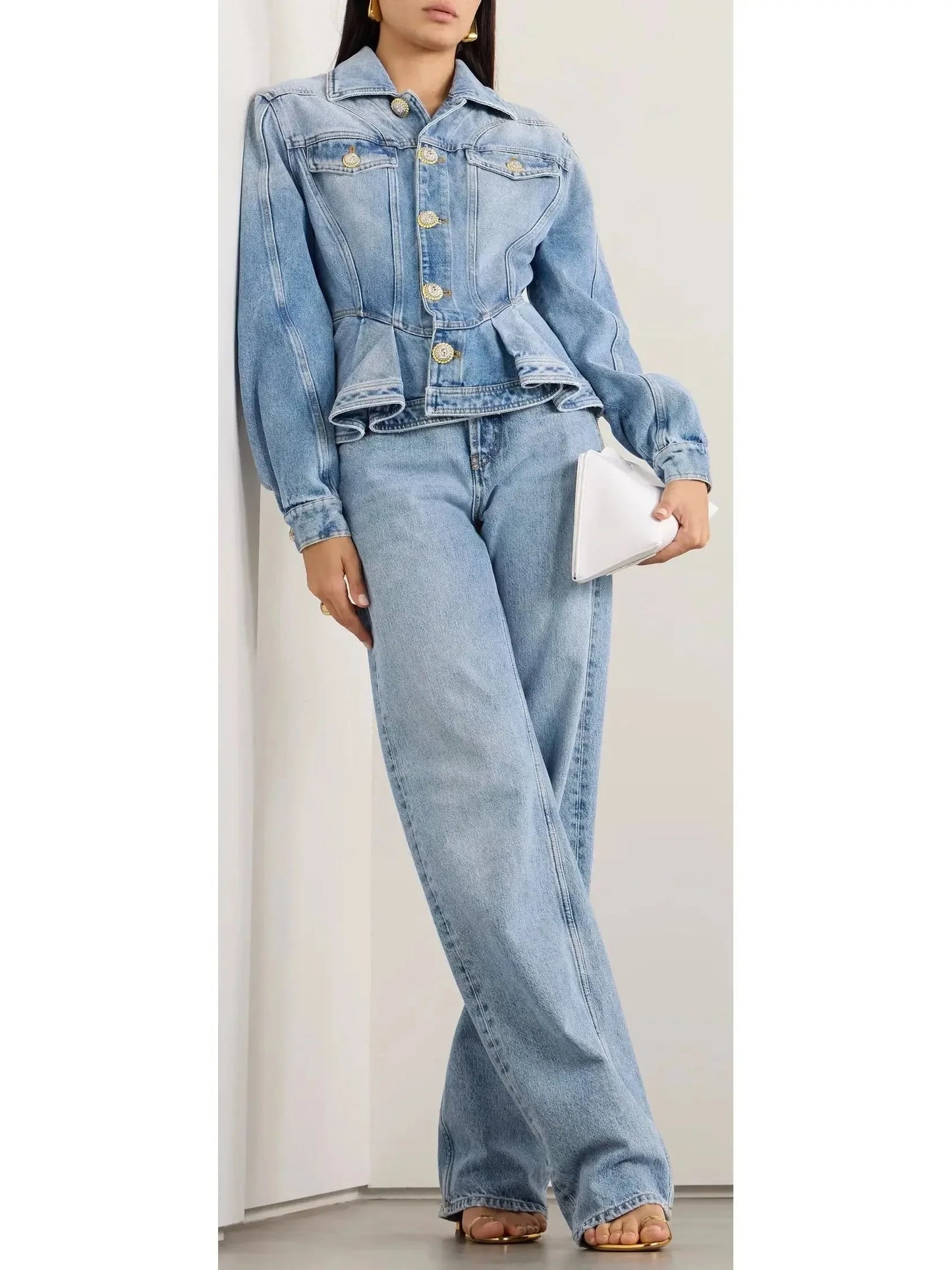 Light Blue Washed Denim Ruffle Peplum Jacket - Jackets