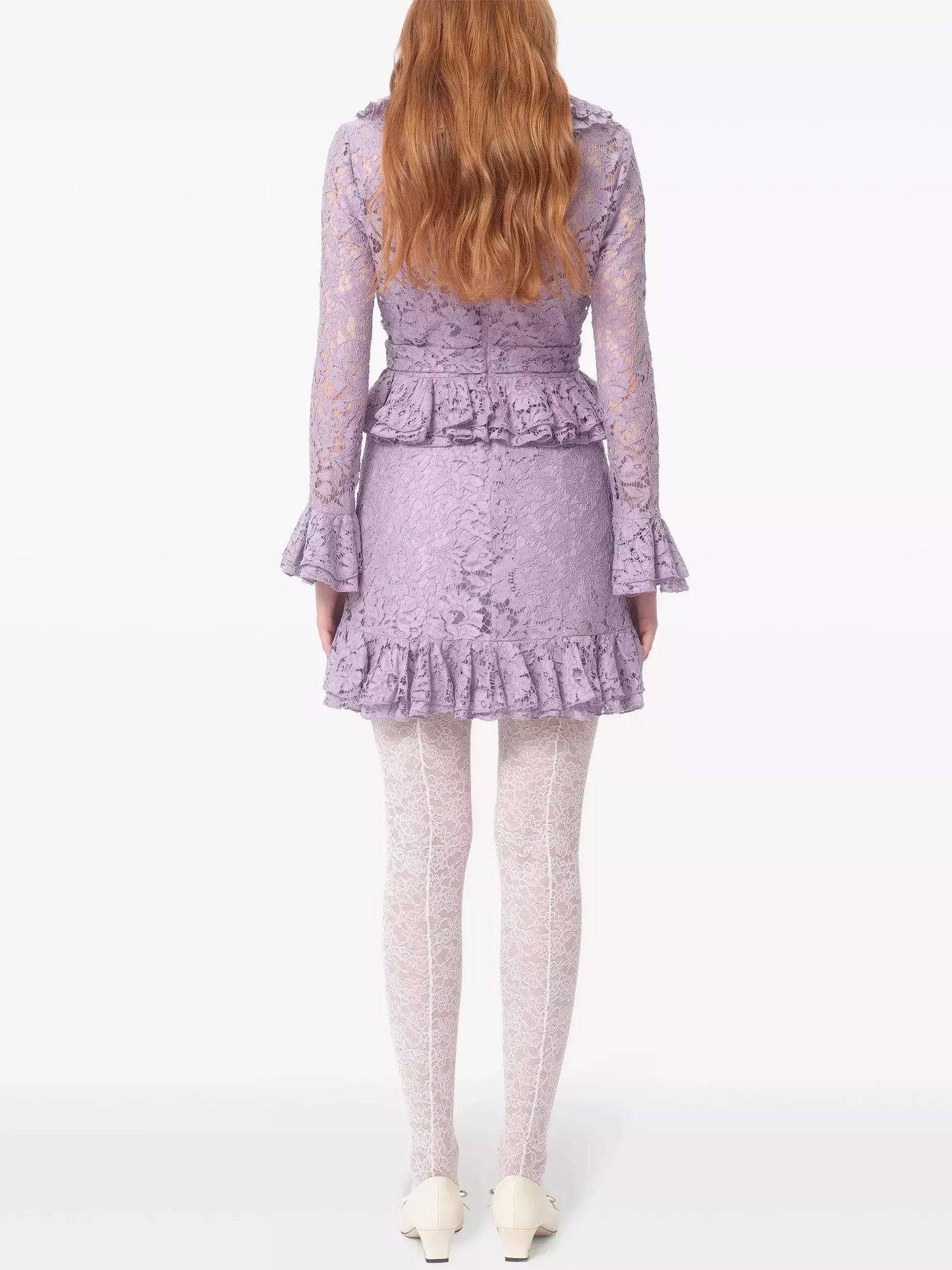 Lilac Ruffled V-Neck and Peplum Lace Mini Dress with lavender lace ruffles