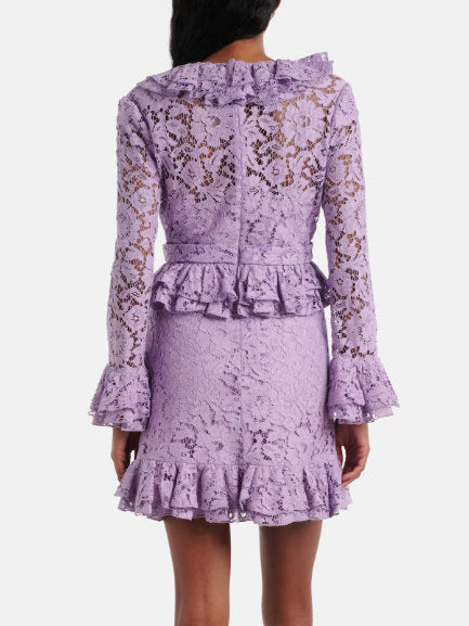 Lilac Ruffled V-Neck and Peplum Lace Mini Dress with delicate lavender lace ruffles