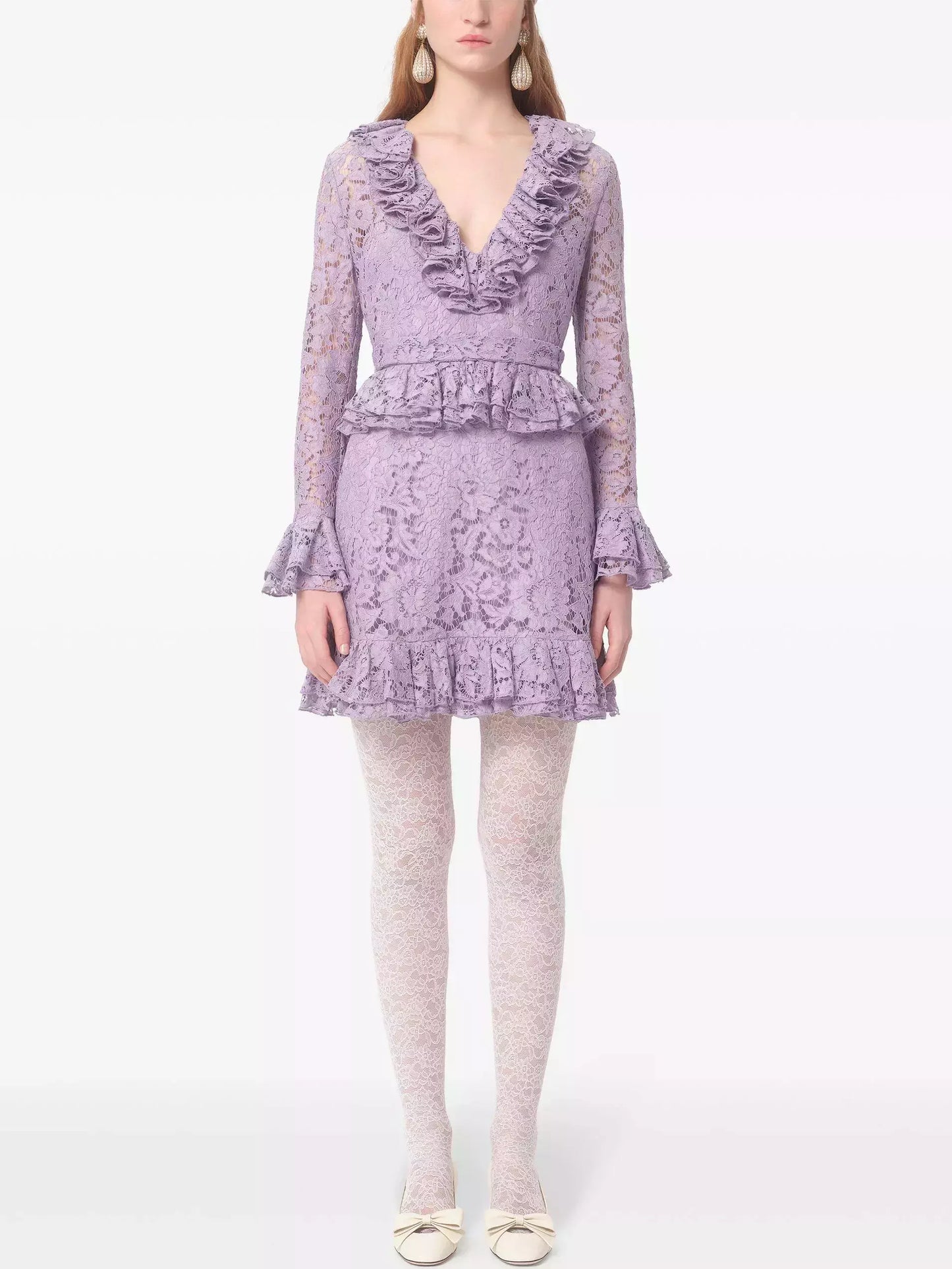 Lavender lace ruffle dress featured in Lilac Ruffled V-Neck and Peplum Lace Mini Dress