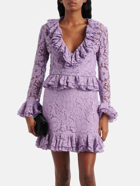 Lavender lace ruffle dress showcasing the Lilac Ruffled V-Neck Peplum Lace Mini Dress