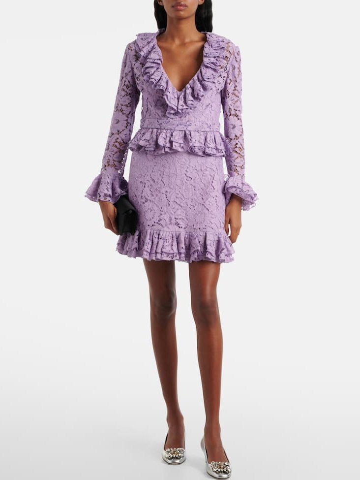 Lilac Ruffled V-Neck and Peplum Lace Mini Dress with delicate lavender lace ruffles