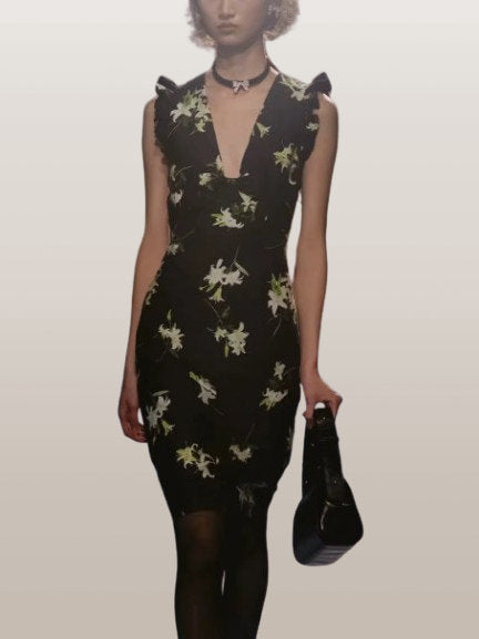 Lilies Printed Black Frill Bow Dress - Dresses