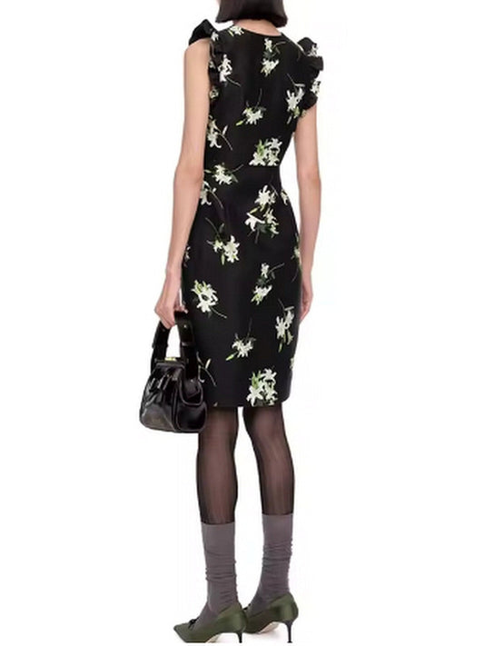 Lilies Printed Black Frill Bow Dress - Dresses
