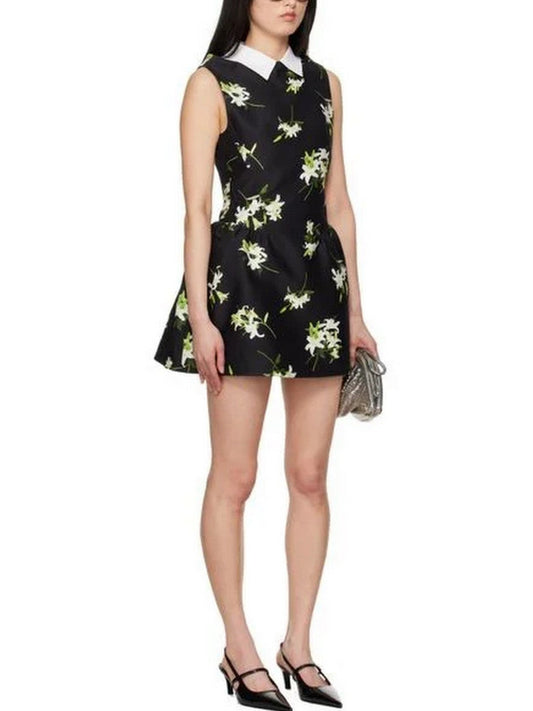 Lilies Printed Black Mini Dress - Dresses