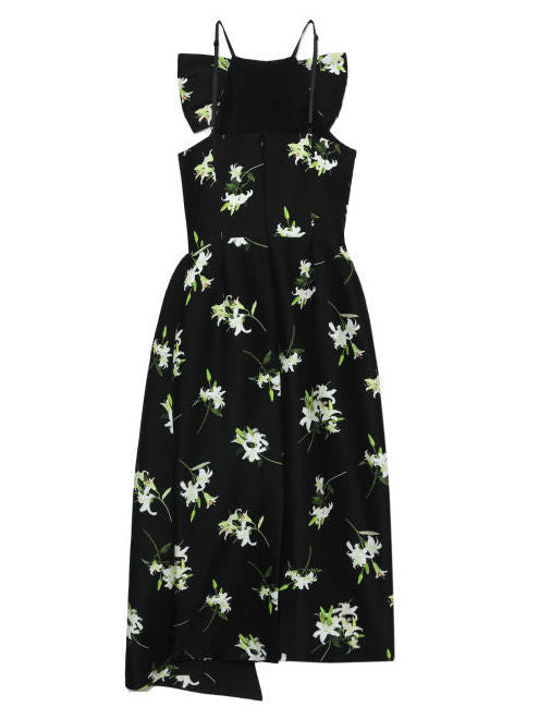 Lilies Printed Bow-Embellished Black Midi Dress - Dresses
