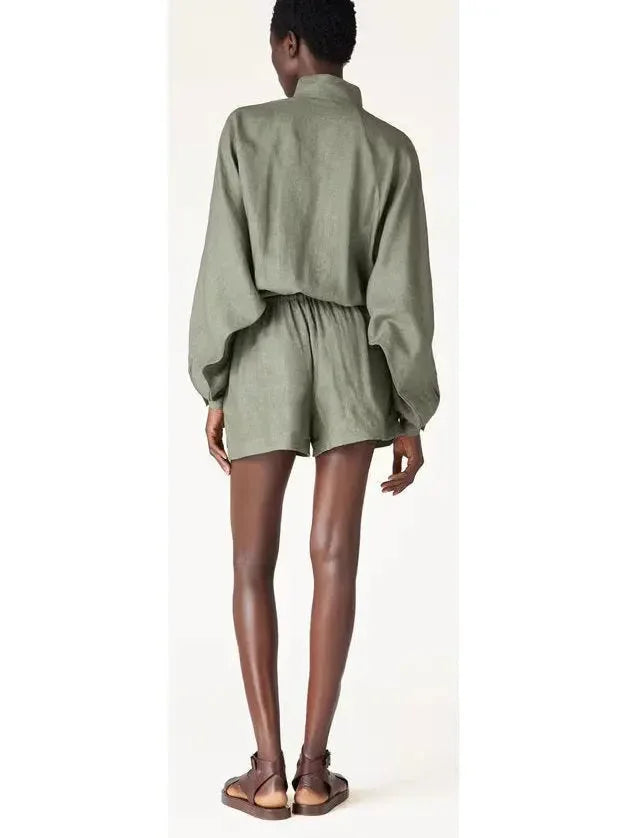 Linen Belted High-Neck Jumpsuit in Green - Suits & Sets