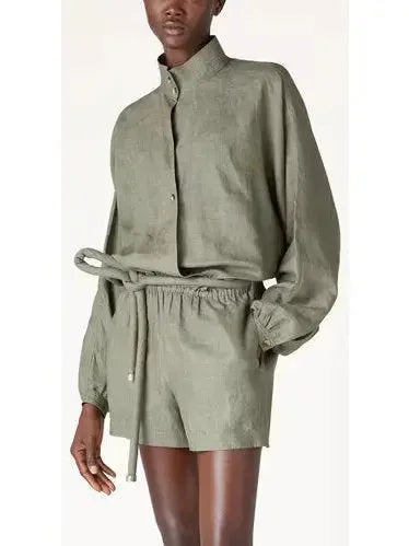 Linen Belted High-Neck Jumpsuit in Green - Suits & Sets