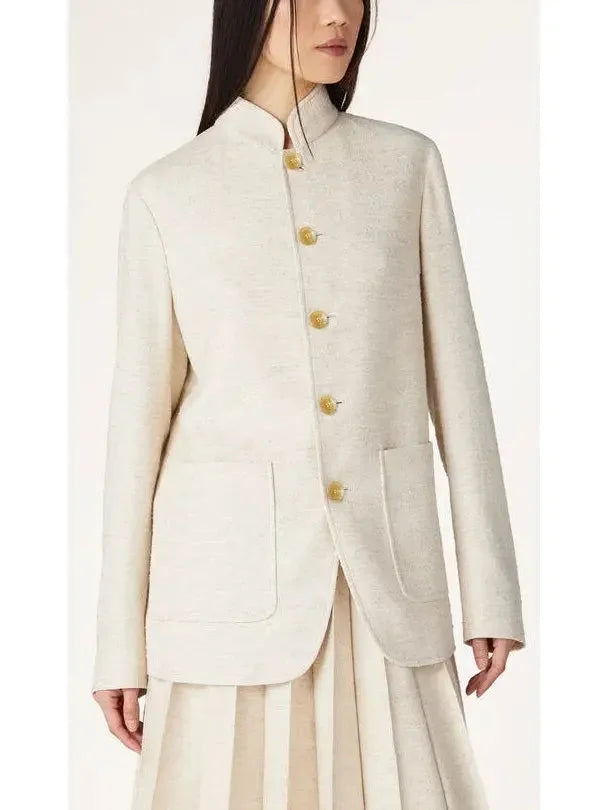 Linen-Blend Single Breasted High-Collar Jacket - Jackets