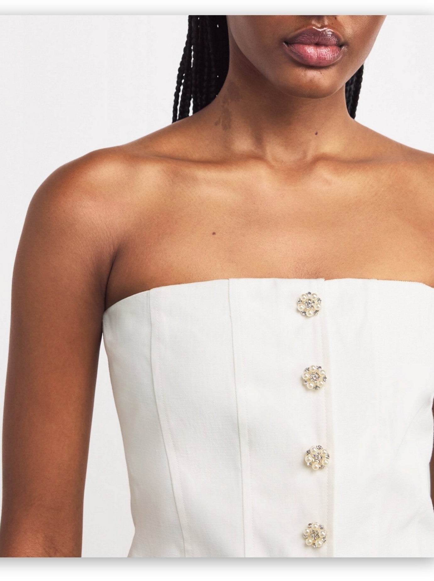 Linen-Blend Strapless Top with Jewel Buttons - Tops