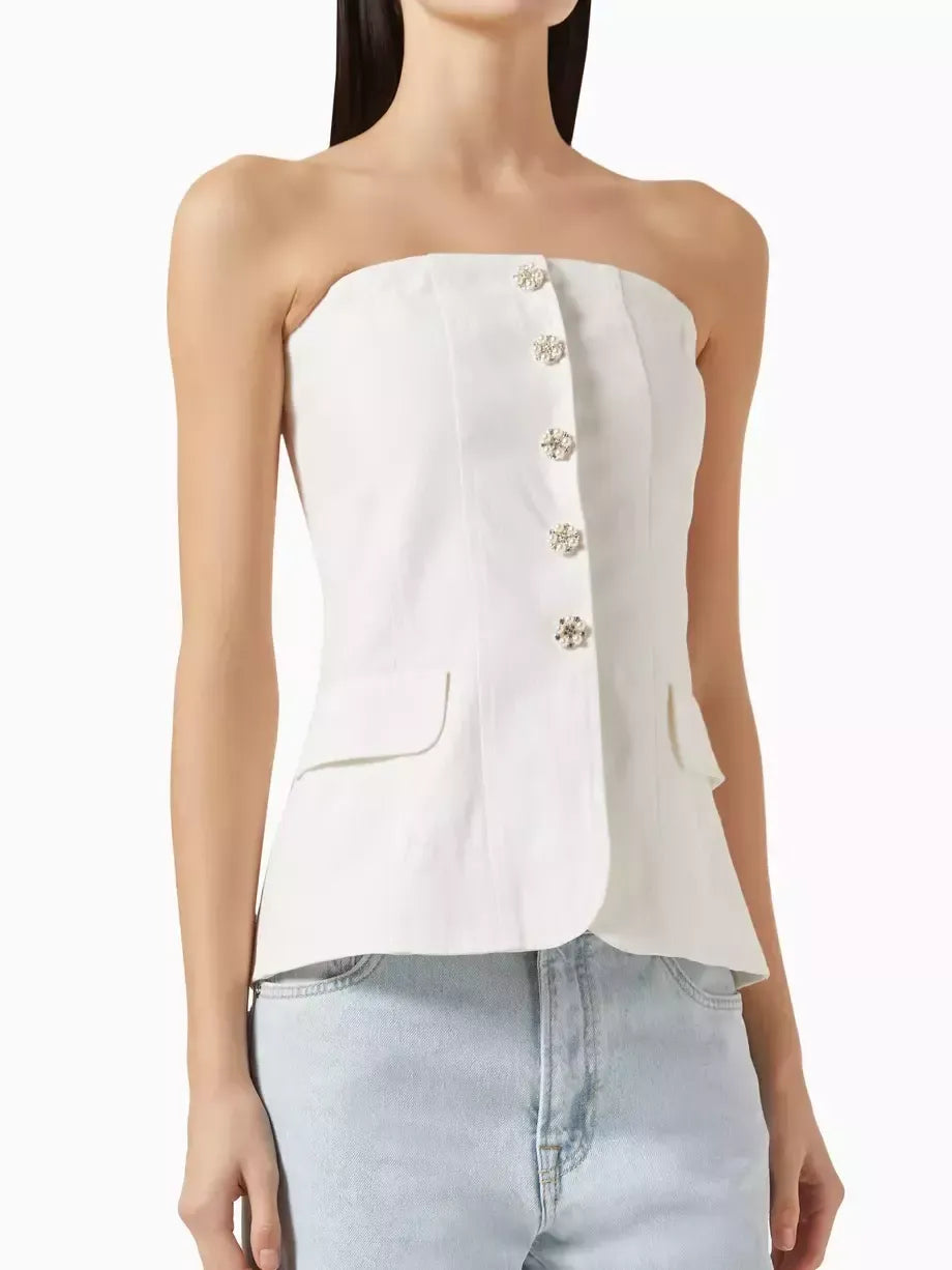 Linen-Blend Strapless Top with Jewel Buttons - Tops