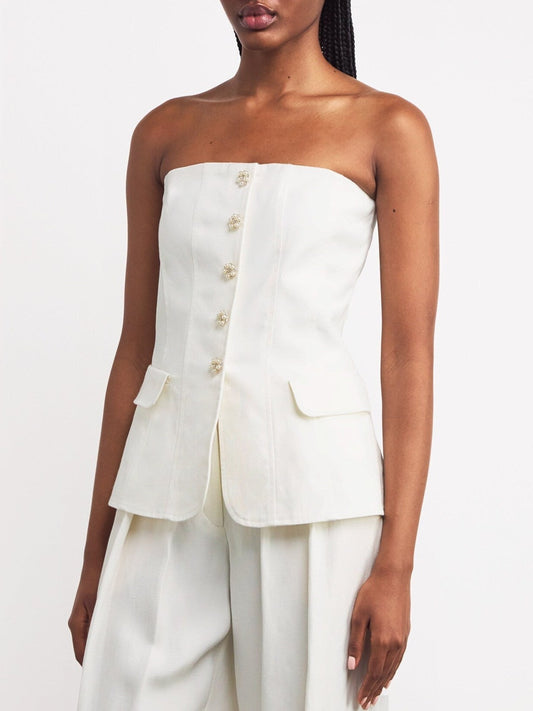Linen-Blend Strapless Top with Jewel Buttons - Tops