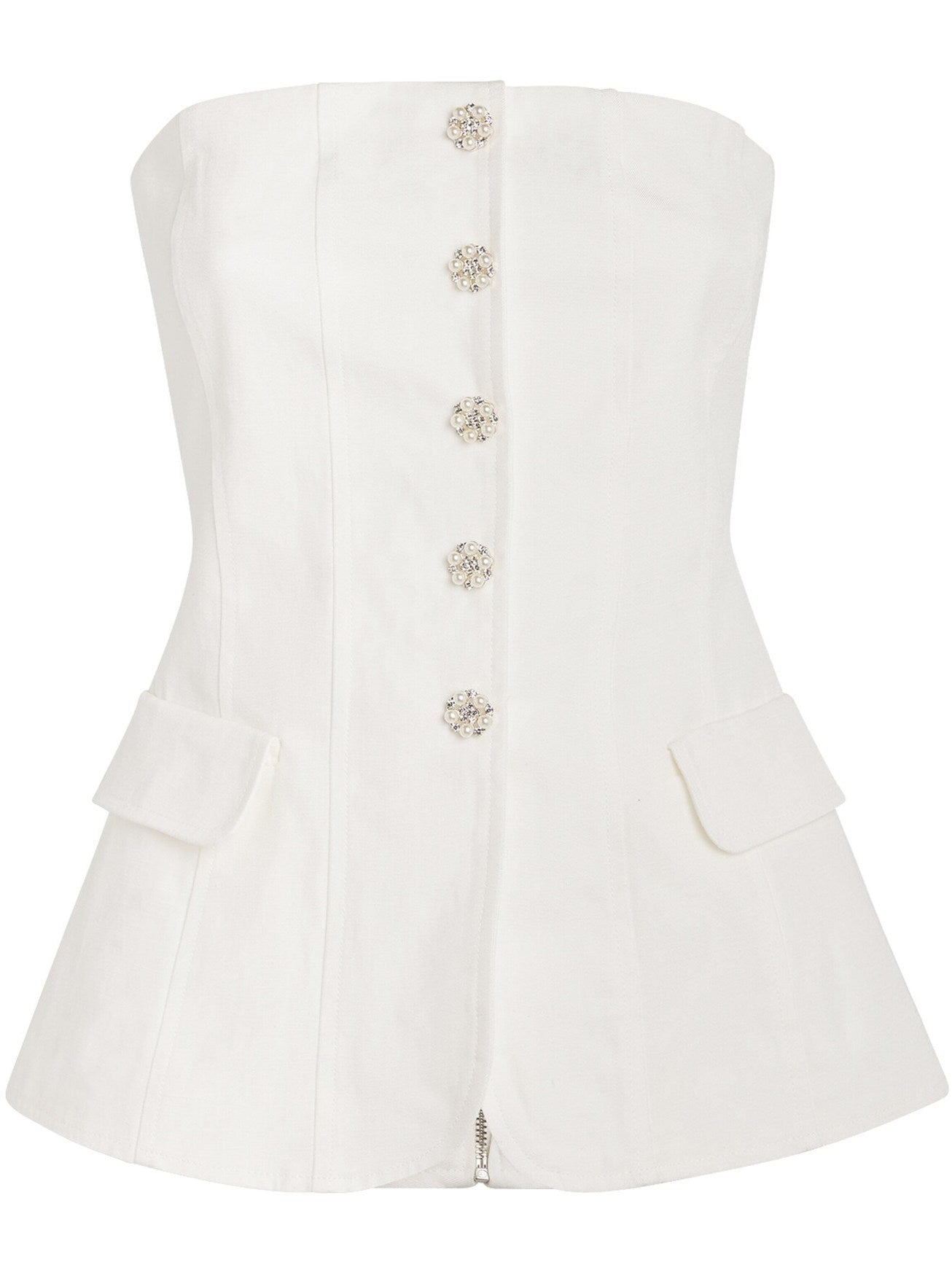 Linen-Blend Strapless Top with Jewel Buttons - Tops